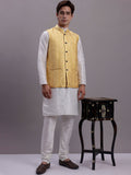 Jompers Men's Golden Woven Design Nehru Jacket With Solid Kurta Pyjama | Grocsy