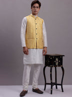 Jompers Men's Golden Woven Design Nehru Jacket With Solid Kurta Pyjama | Grocsy