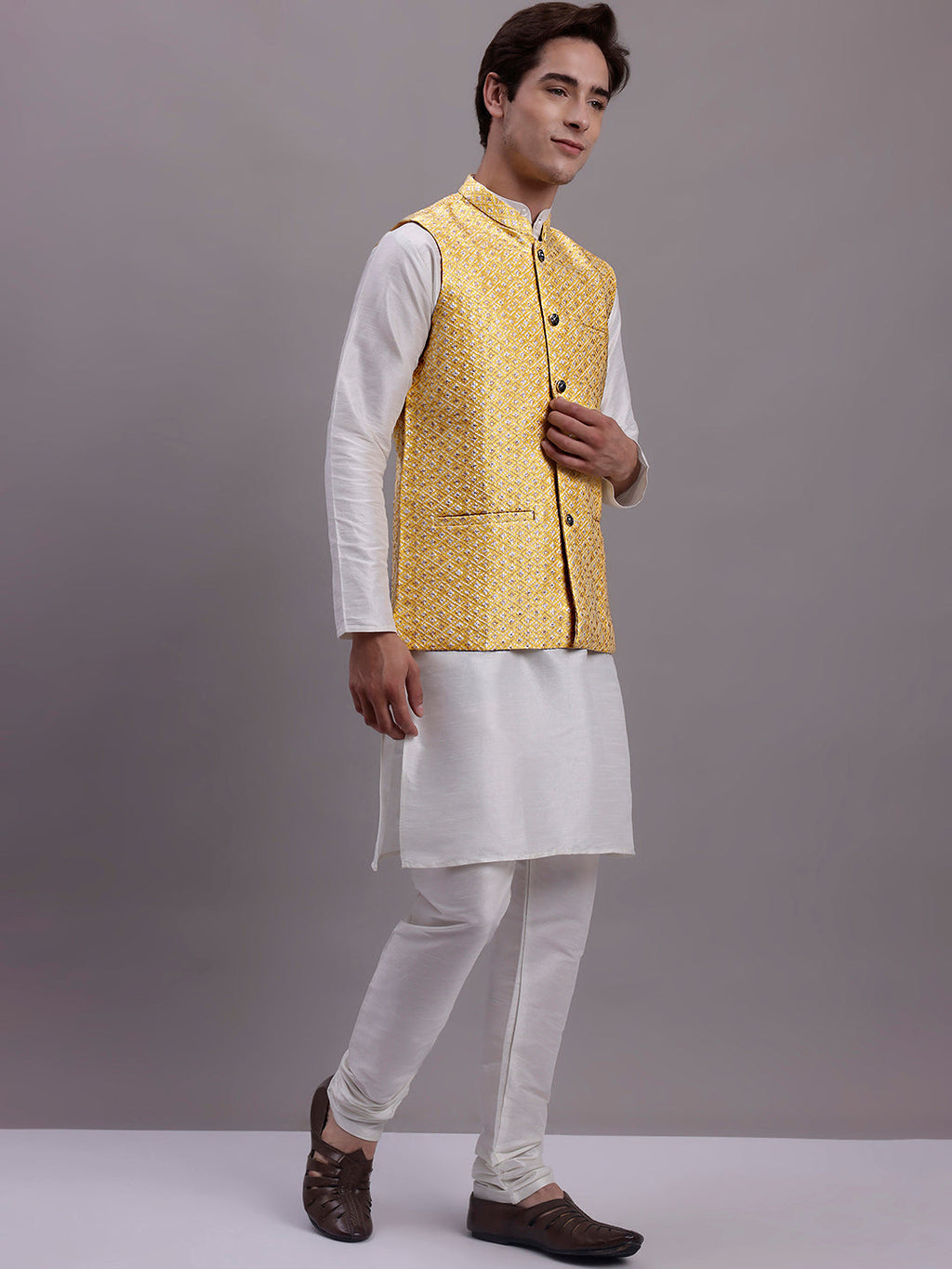 Jompers Men's Golden Woven Design Nehru Jacket With Solid Kurta Pyjama | Grocsy
