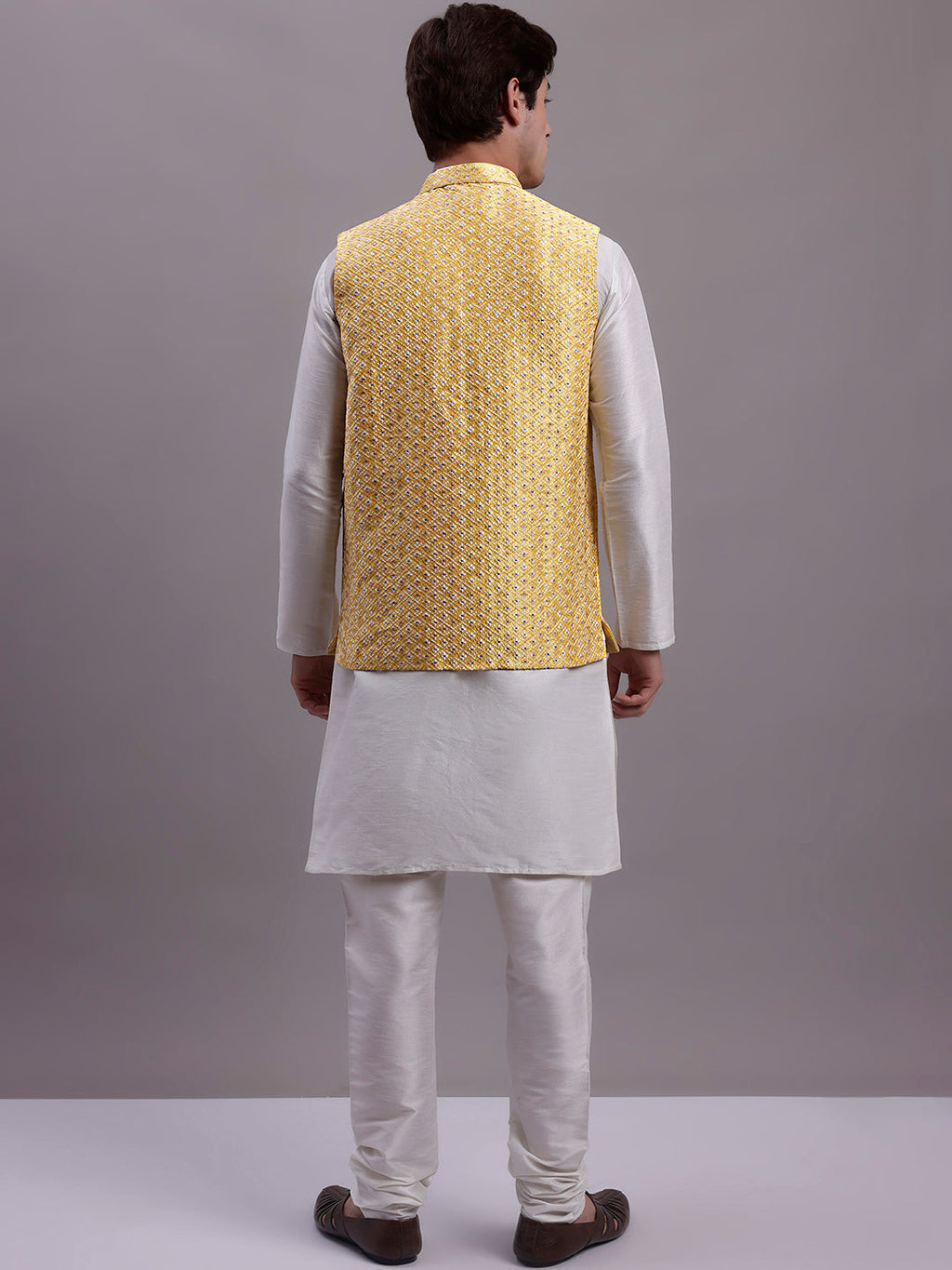 Jompers Men's Golden Woven Design Nehru Jacket With Solid Kurta Pyjama | Grocsy