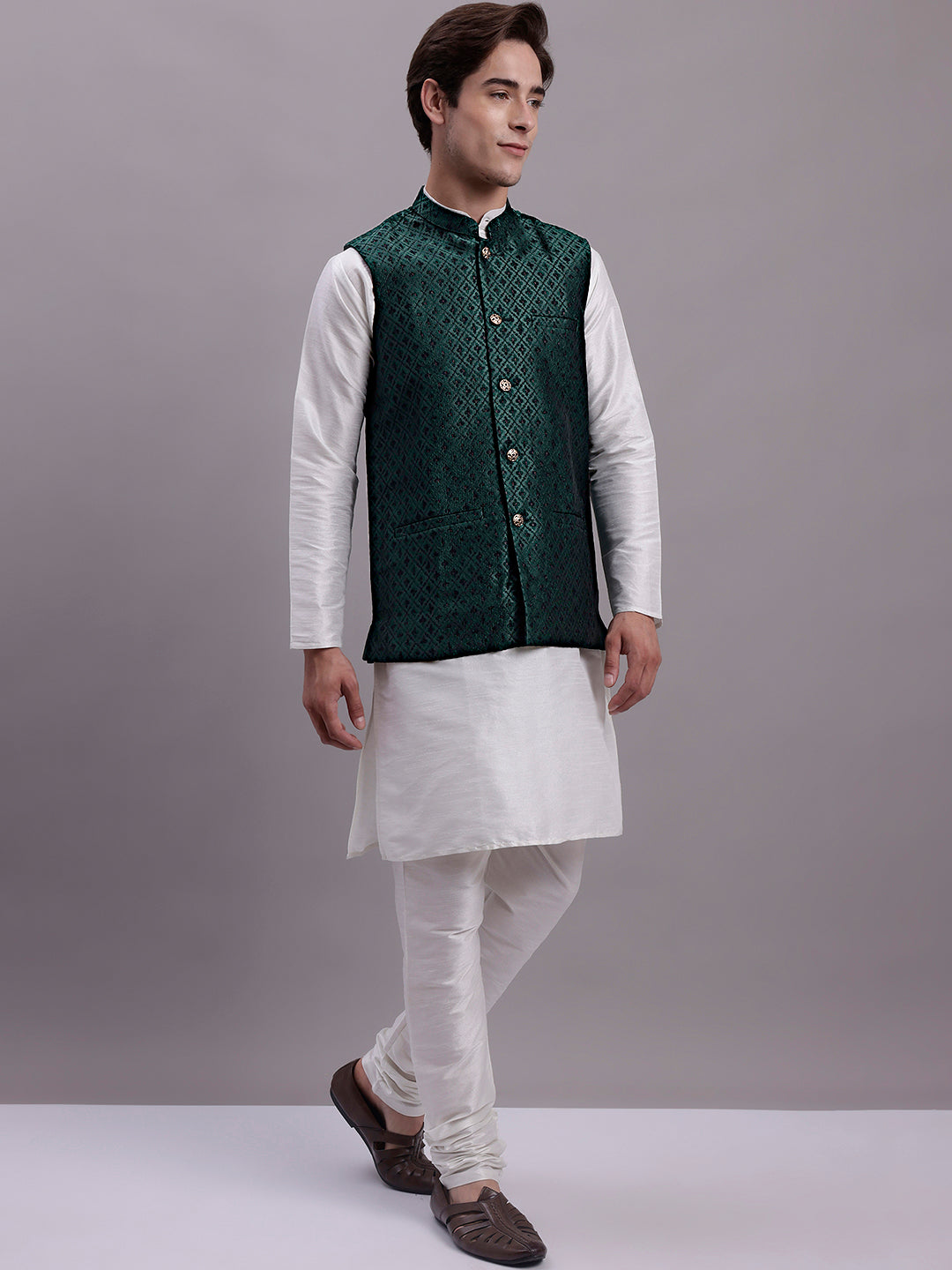 Jompers Men's Olive Green Woven Design Nehru Jacket With Solid Kurta Pyjama | Grocsy