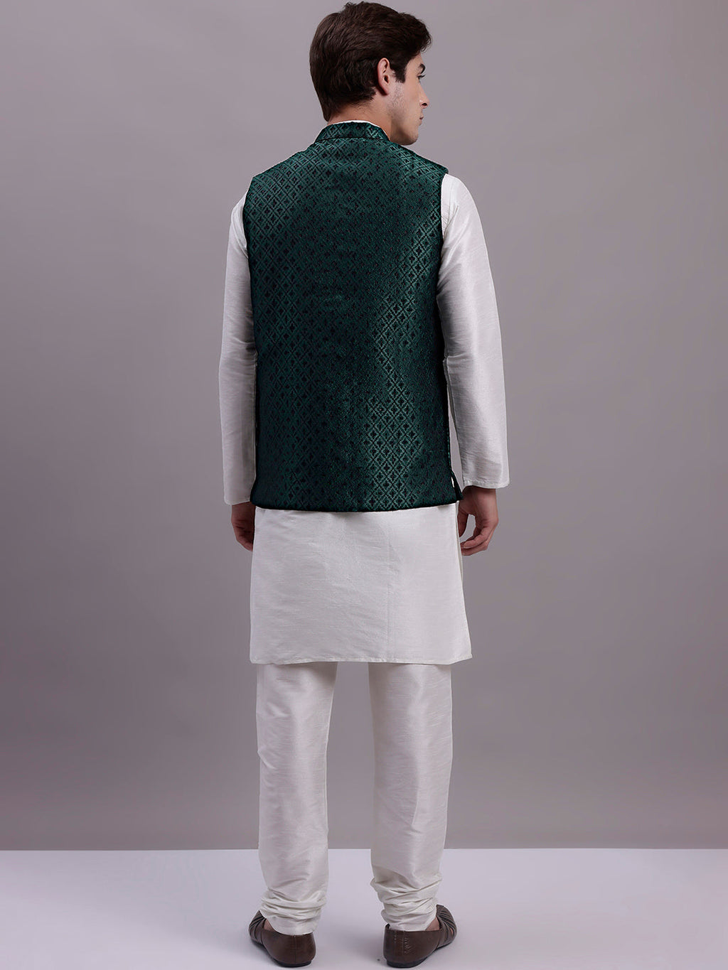 Jompers Men's Olive Green Woven Design Nehru Jacket With Solid Kurta Pyjama | Grocsy