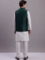 Jompers Men's Olive Green Woven Design Nehru Jacket With Solid Kurta Pyjama | Grocsy