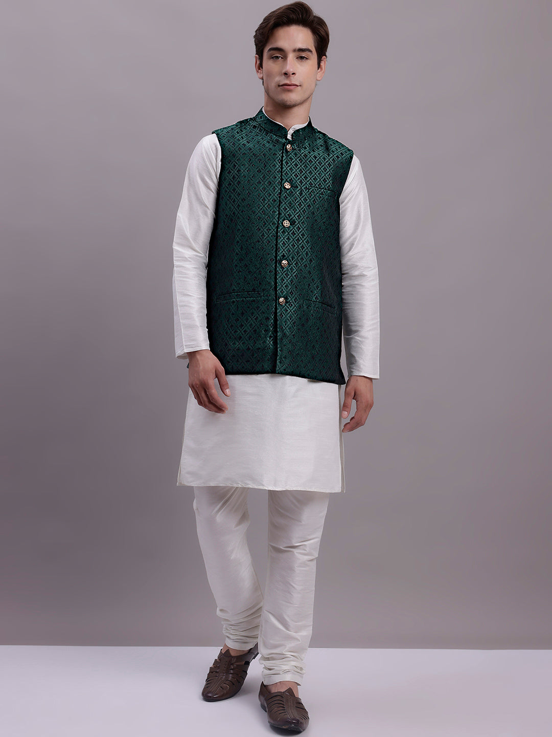 Jompers Men's Olive Green Woven Design Nehru Jacket With Solid Kurta Pyjama | Grocsy