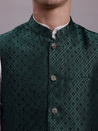 Jompers Men's Olive Green Woven Design Nehru Jacket With Solid Kurta Pyjama | Grocsy