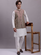 Jompers Men's Peach Woven Design Nehru Jacket With Solid Kurta Pyjama | Grocsy