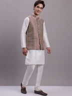 Jompers Men's Peach Woven Design Nehru Jacket With Solid Kurta Pyjama | Grocsy