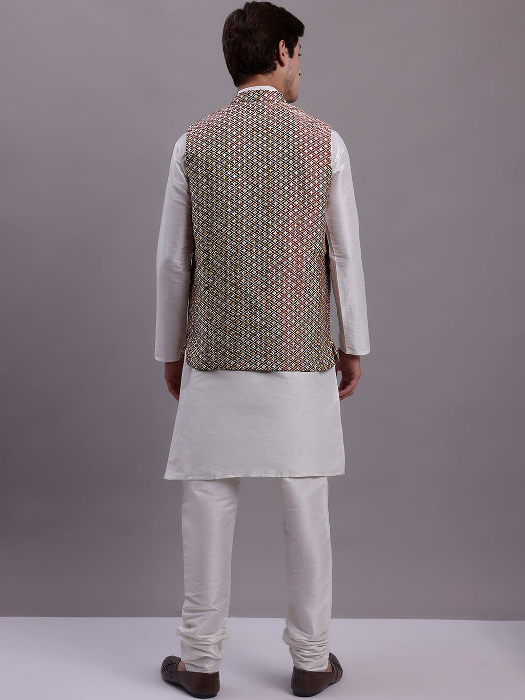 Jompers Men's Peach Woven Design Nehru Jacket With Solid Kurta Pyjama | Grocsy