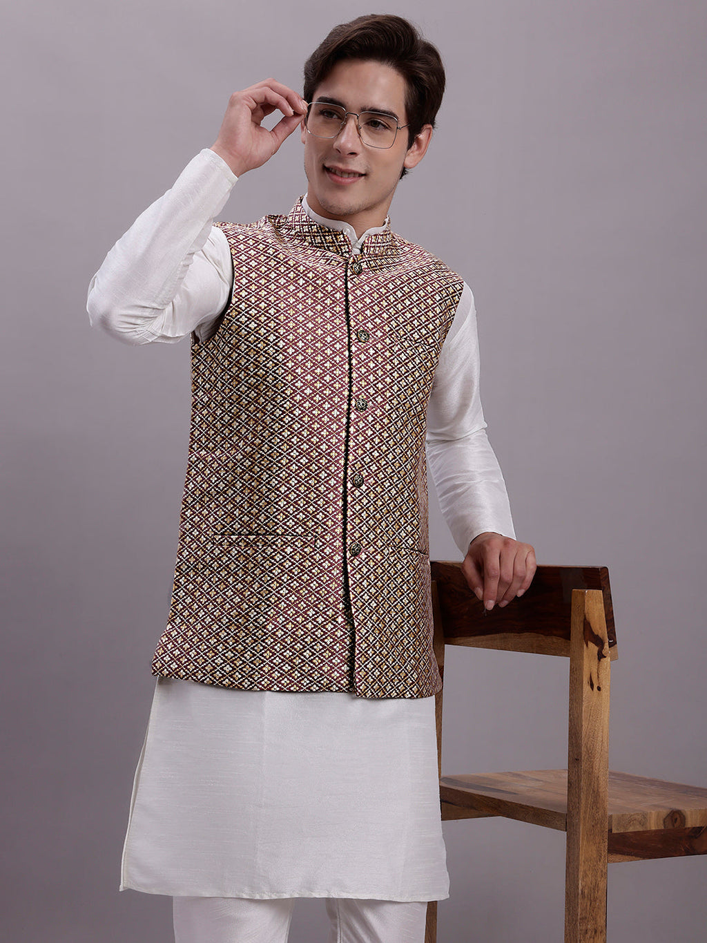 Jompers Men's Peach Woven Design Nehru Jacket With Solid Kurta Pyjama | Grocsy