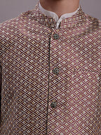 Jompers Men's Peach Woven Design Nehru Jacket With Solid Kurta Pyjama | Grocsy