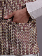 Jompers Men's Peach Woven Design Nehru Jacket With Solid Kurta Pyjama | Grocsy