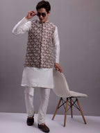 Jompers Men's Purple Woven Design Nehru Jacket With Solid Kurta Pyjama | Grocsy