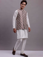 Jompers Men's Purple Woven Design Nehru Jacket With Solid Kurta Pyjama | Grocsy