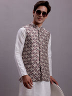 Jompers Men's Purple Woven Design Nehru Jacket With Solid Kurta Pyjama | Grocsy