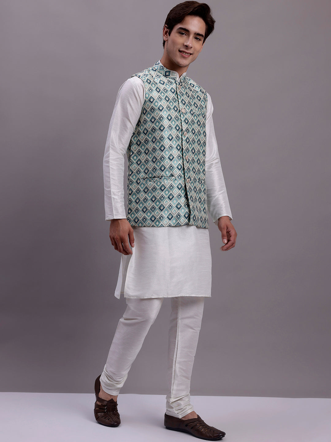 Jompers Men's Turquoise Blue Woven Design Nehru Jacket With Solid Kurta Pyjama | Grocsy