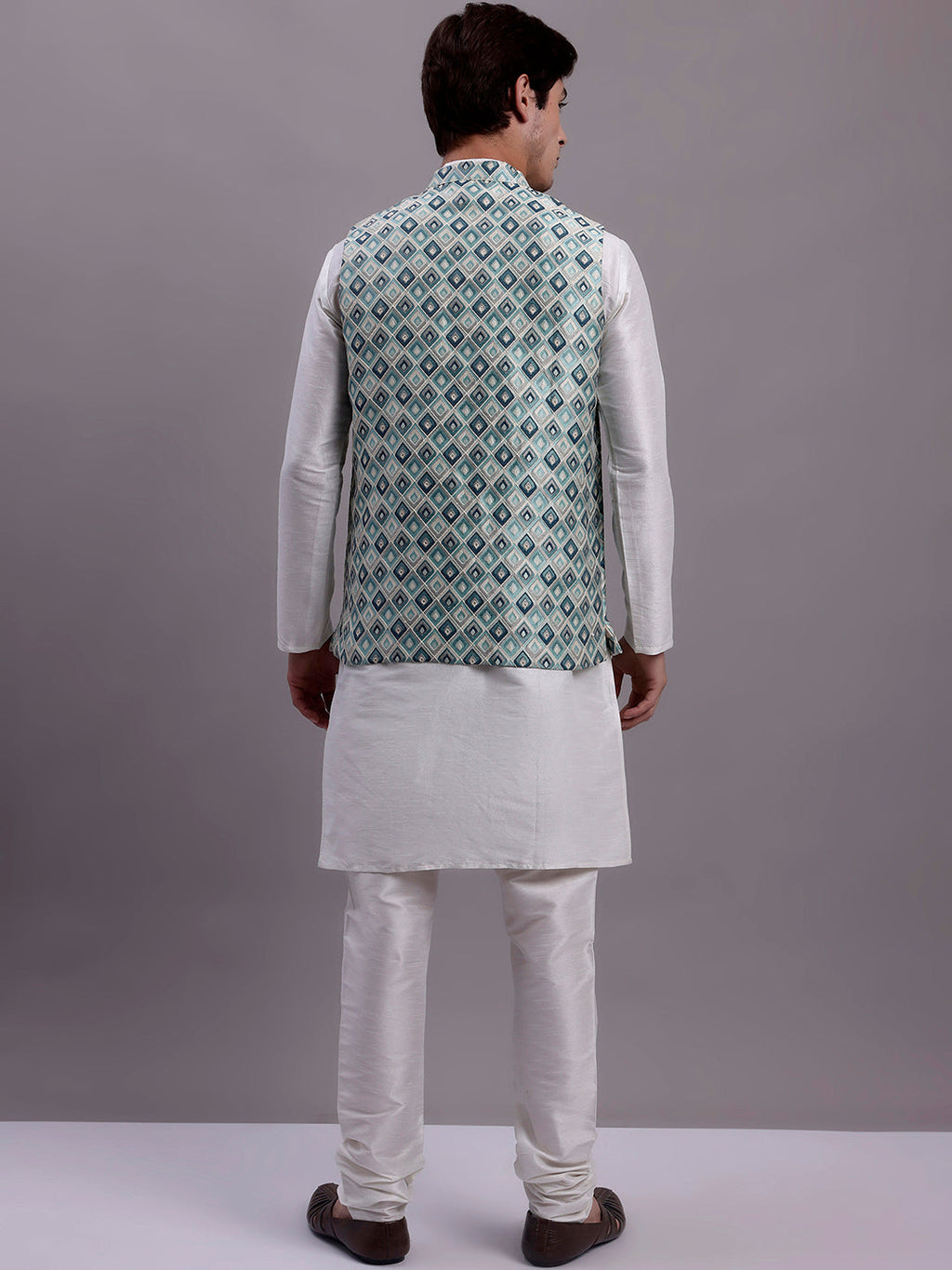 Jompers Men's Turquoise Blue Woven Design Nehru Jacket With Solid Kurta Pyjama | Grocsy