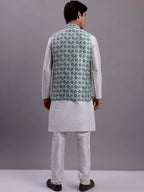 Jompers Men's Turquoise Blue Woven Design Nehru Jacket With Solid Kurta Pyjama | Grocsy