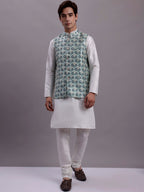 Jompers Men's Turquoise Blue Woven Design Nehru Jacket With Solid Kurta Pyjama | Grocsy