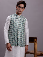 Jompers Men's Turquoise Blue Woven Design Nehru Jacket With Solid Kurta Pyjama | Grocsy