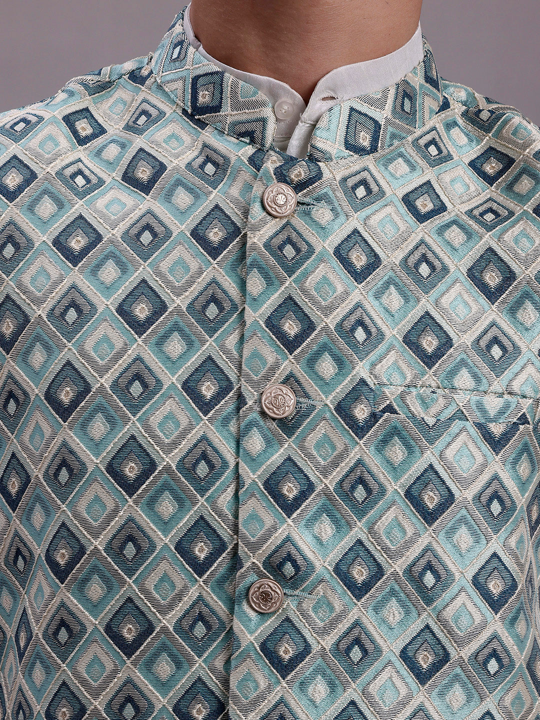 Jompers Men's Turquoise Blue Woven Design Nehru Jacket With Solid Kurta Pyjama | Grocsy