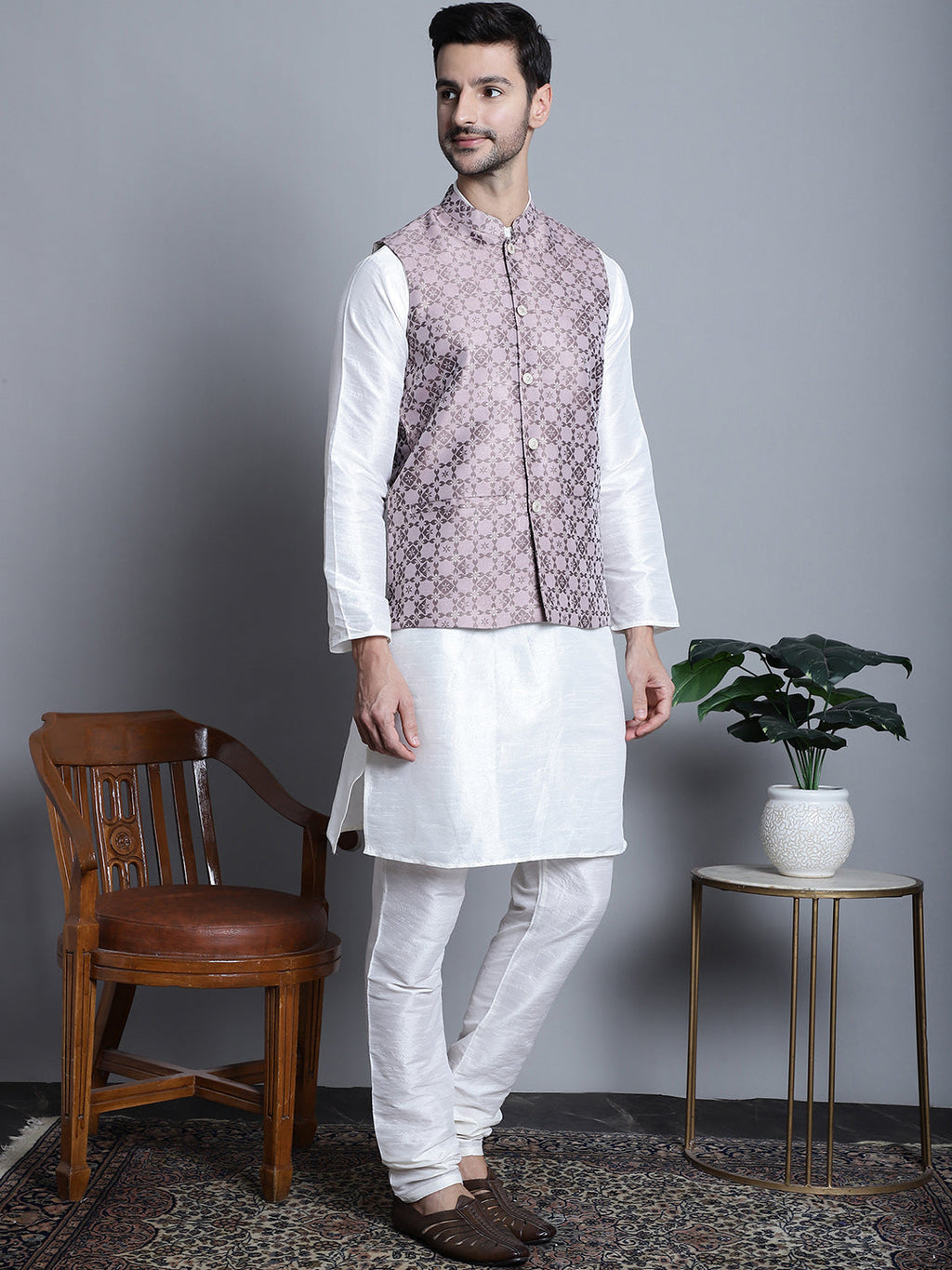 Jompers Men's Woven Design Nehru Jacket With Kurta Pyjama Set - Magenta | Grocsy