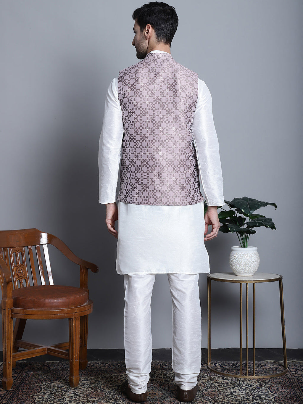Jompers Men's Woven Design Nehru Jacket With Kurta Pyjama Set - Magenta | Grocsy