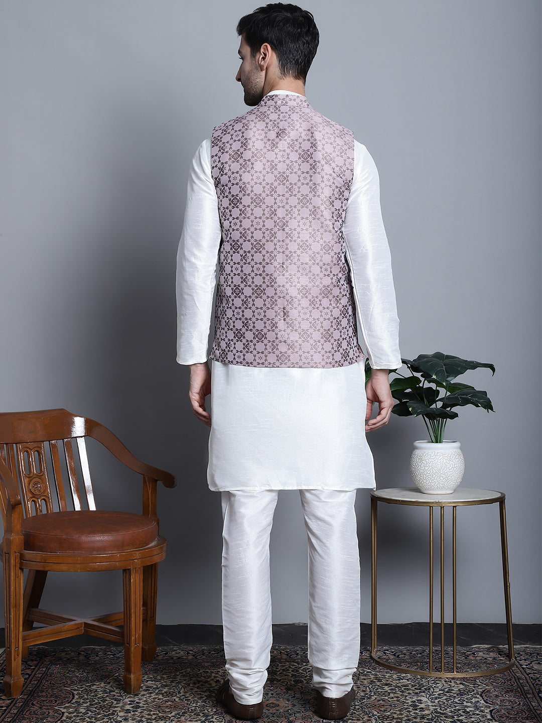 Jompers Men's Woven Design Nehru Jacket With Kurta Pyjama Set - Magenta | Grocsy