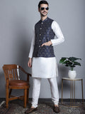 Jompers Men's Printed Nehru Jacket With Kurta Pyjama Set - Navy Blue | Grocsy