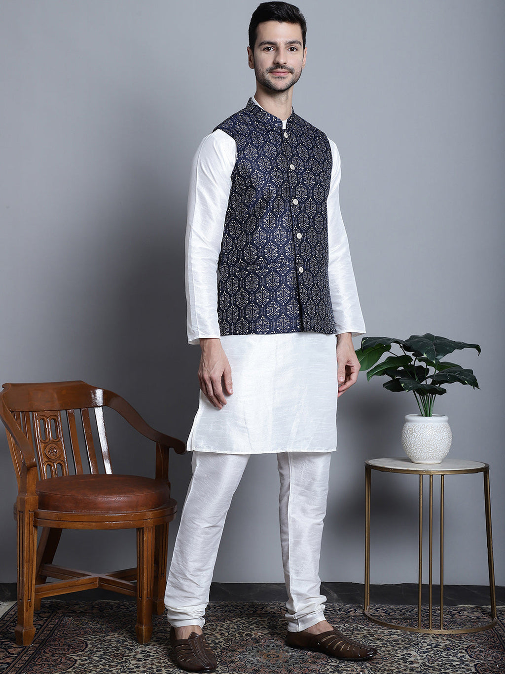 Jompers Men's Printed Nehru Jacket With Kurta Pyjama Set - Navy Blue | Grocsy