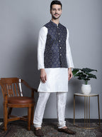 Jompers Men's Printed Nehru Jacket With Kurta Pyjama Set - Navy Blue | Grocsy