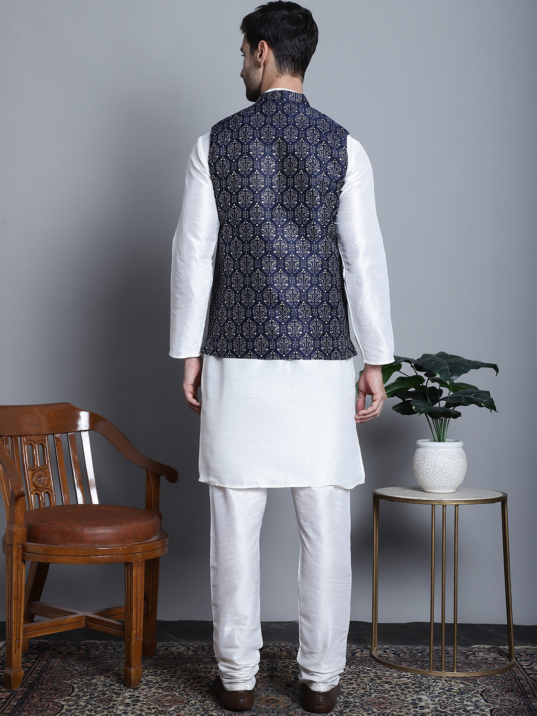 Jompers Men's Printed Nehru Jacket With Kurta Pyjama Set - Navy Blue | Grocsy