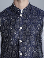 Jompers Men's Printed Nehru Jacket With Kurta Pyjama Set - Navy Blue | Grocsy