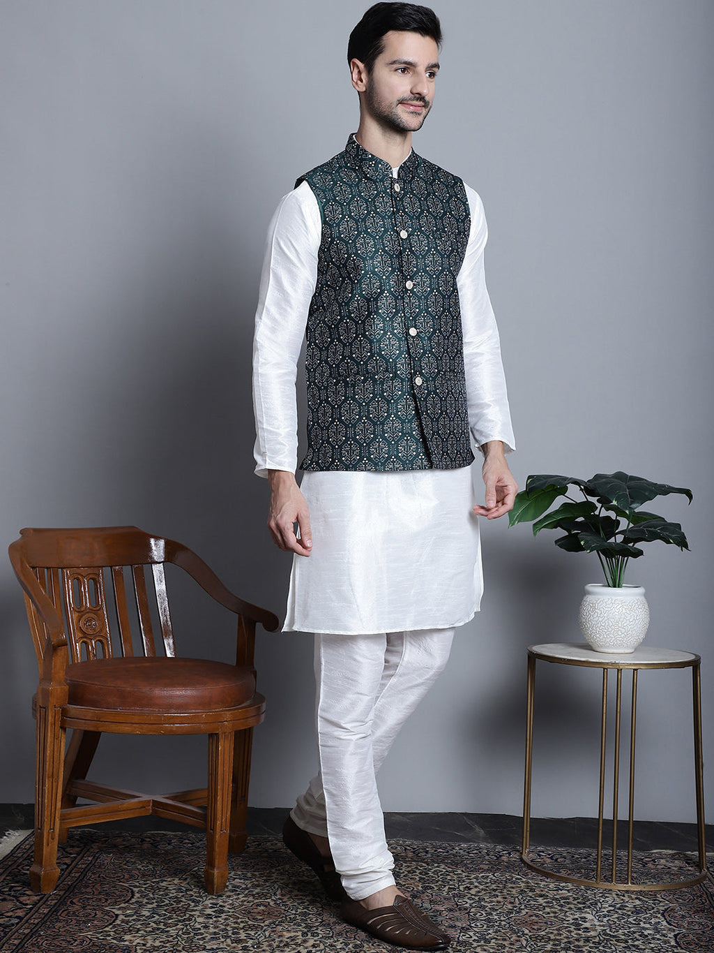 Jompers Men's Printed Nehru Jacket With Kurta Pyjama Set - Olive | Grocsy