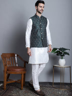 Jompers Men's Printed Nehru Jacket With Kurta Pyjama Set - Olive | Grocsy