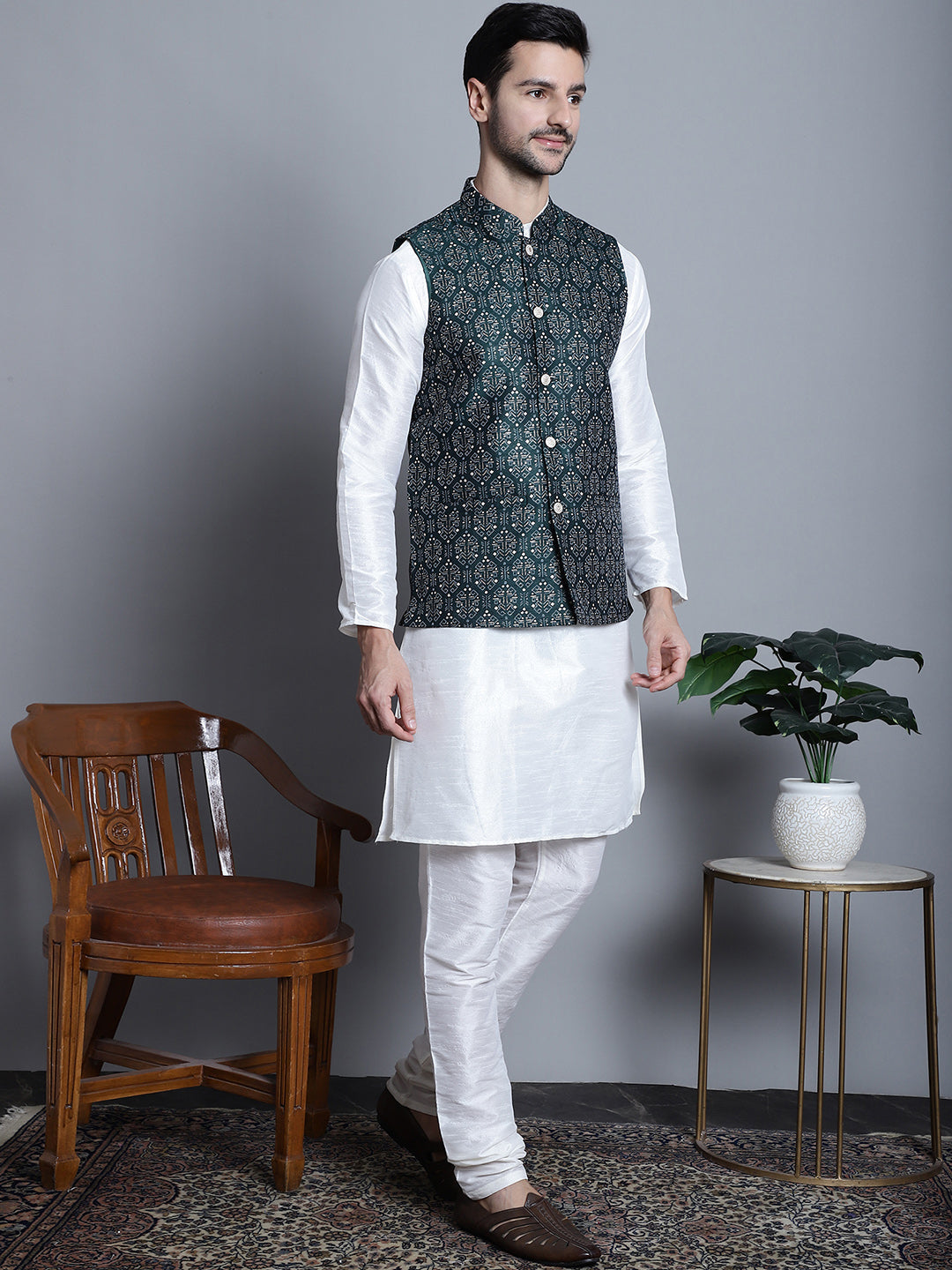Jompers Men's Printed Nehru Jacket With Kurta Pyjama Set - Olive | Grocsy