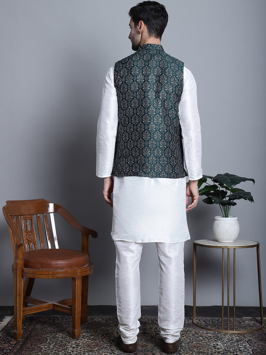 Jompers Men's Printed Nehru Jacket With Kurta Pyjama Set - Olive | Grocsy