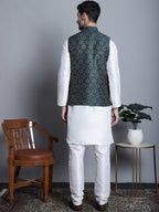 Jompers Men's Printed Nehru Jacket With Kurta Pyjama Set - Olive | Grocsy