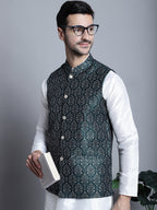 Jompers Men's Printed Nehru Jacket With Kurta Pyjama Set - Olive | Grocsy