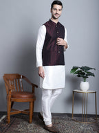 Jompers Men's Woven Design Nehru Jacket With Kurta Pyjama Set - Maroon | Grocsy