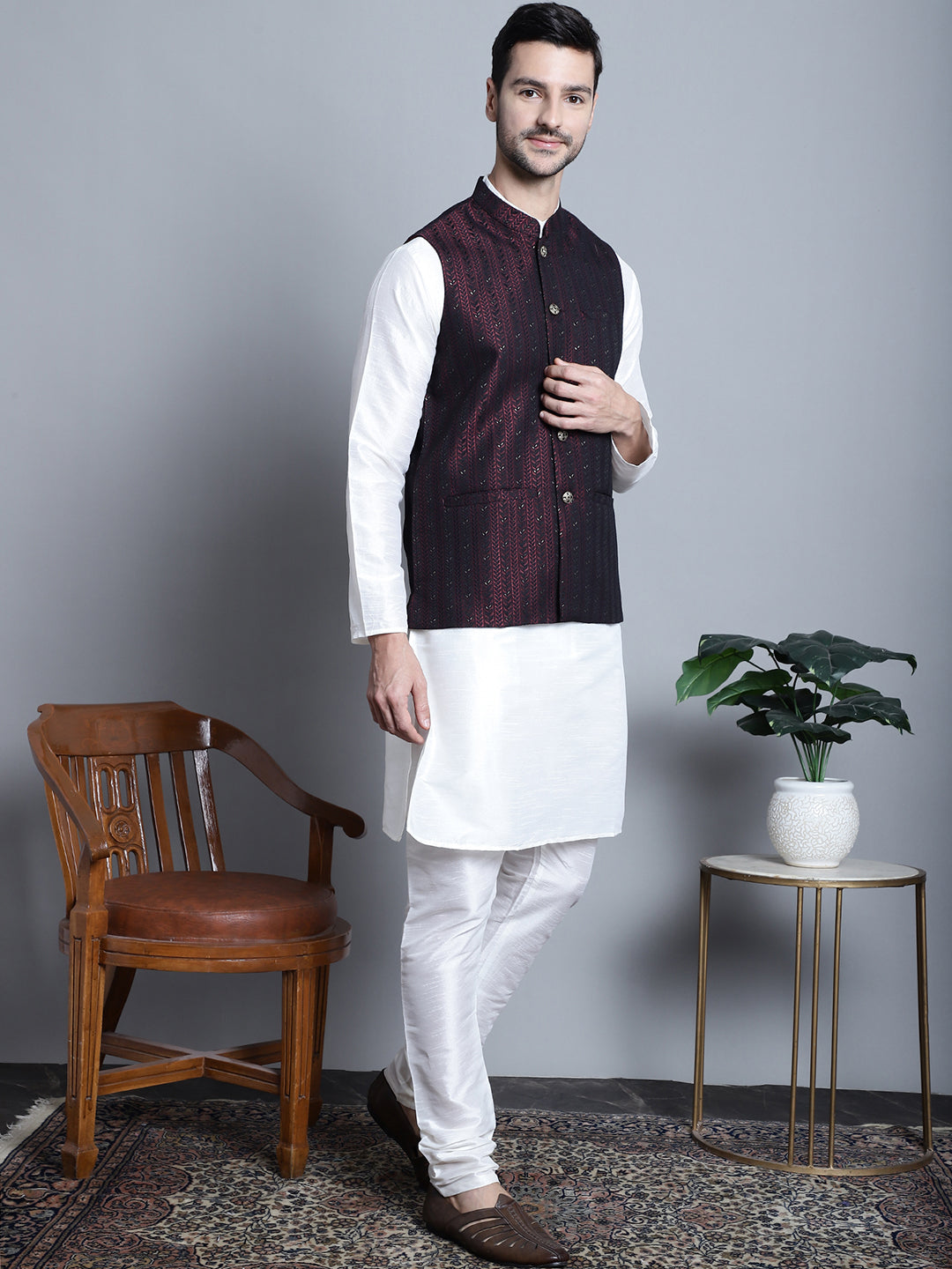 Jompers Men's Woven Design Nehru Jacket With Kurta Pyjama Set - Maroon | Grocsy