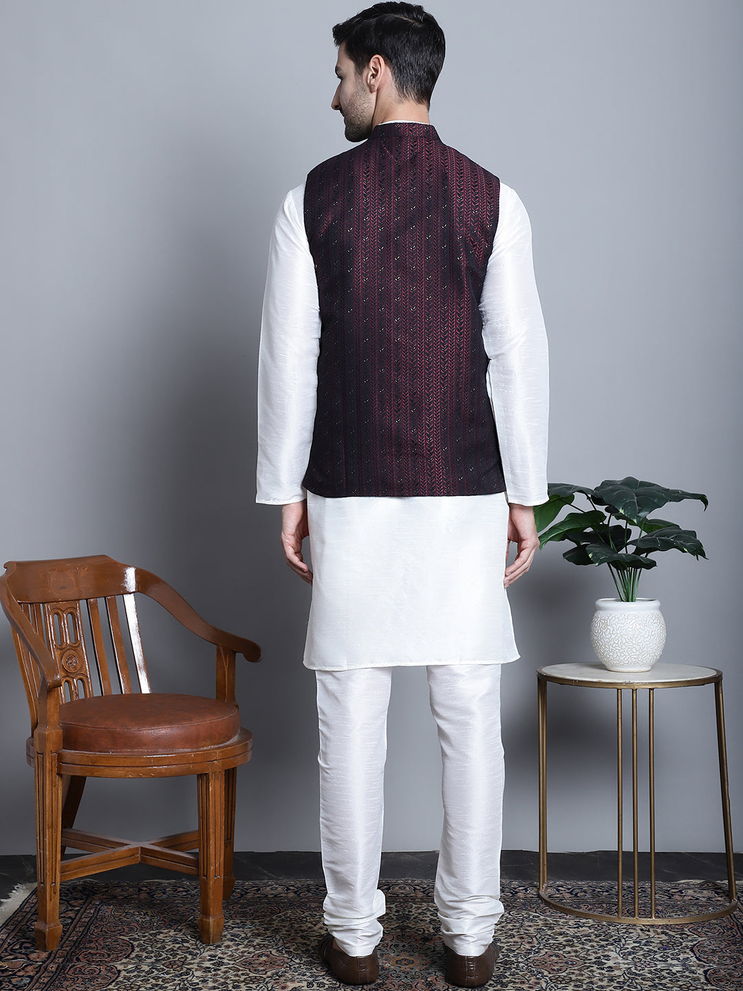 Jompers Men's Woven Design Nehru Jacket With Kurta Pyjama Set - Maroon | Grocsy