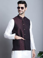 Jompers Men's Woven Design Nehru Jacket With Kurta Pyjama Set - Maroon | Grocsy