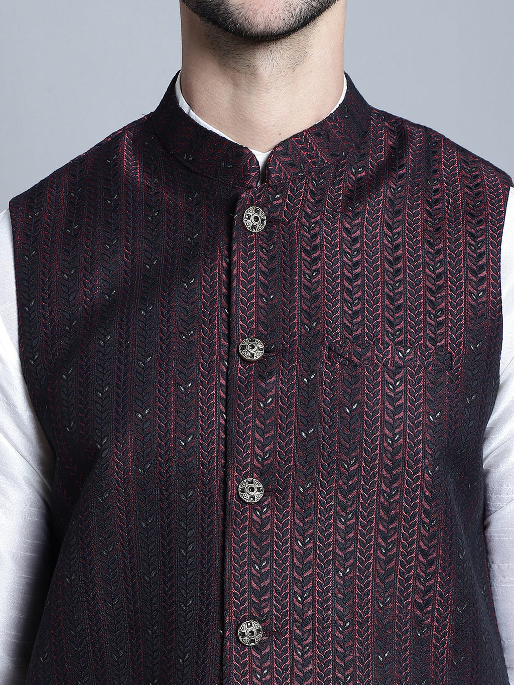 Jompers Men's Woven Design Nehru Jacket With Kurta Pyjama Set - Maroon | Grocsy