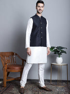 Jompers Men's Woven Design Nehru Jacket With Kurta Pyjama Set - Navy Blue | Grocsy
