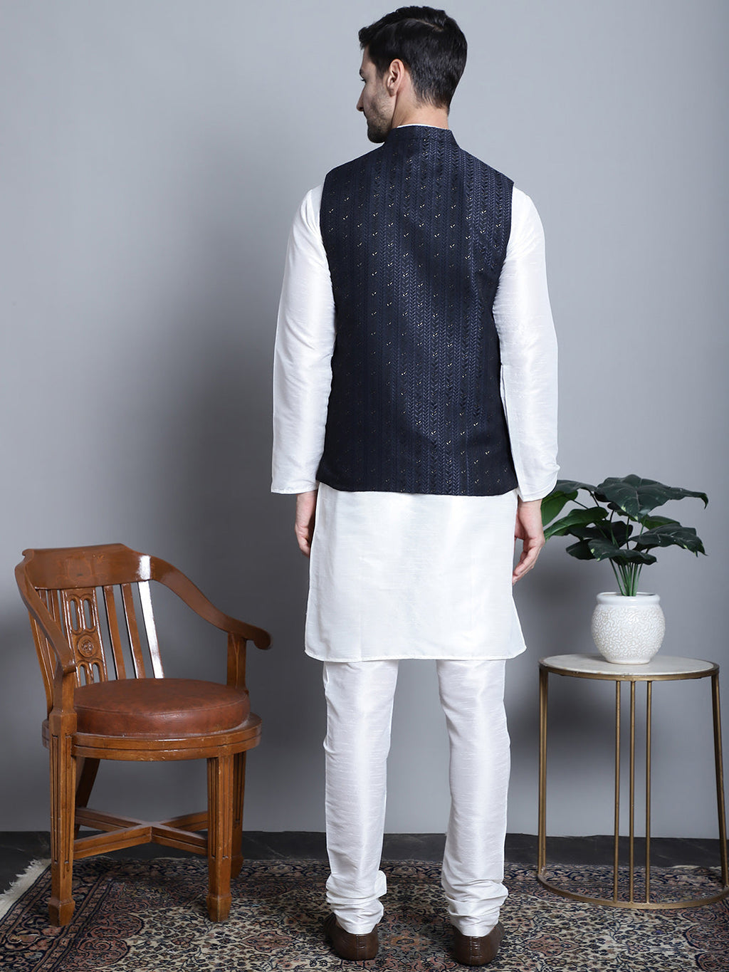 Jompers Men's Woven Design Nehru Jacket With Kurta Pyjama Set - Navy Blue | Grocsy