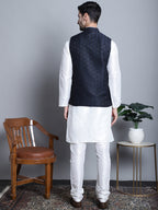 Jompers Men's Woven Design Nehru Jacket With Kurta Pyjama Set - Navy Blue | Grocsy