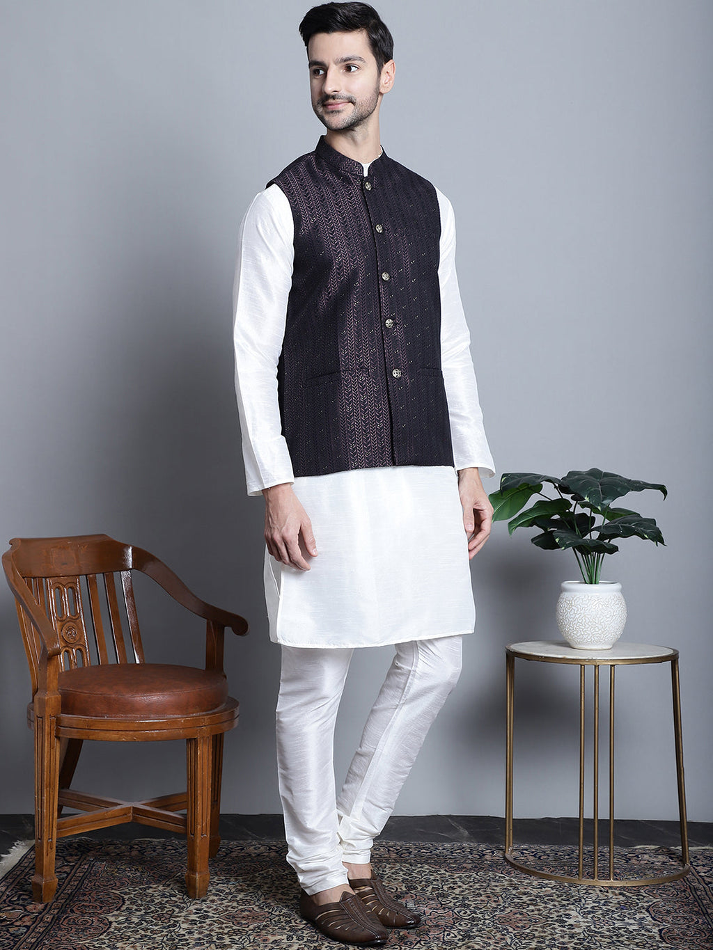 Jompers Men's Woven Design Nehru Jacket With Kurta Pyjama Set - Purple | Grocsy