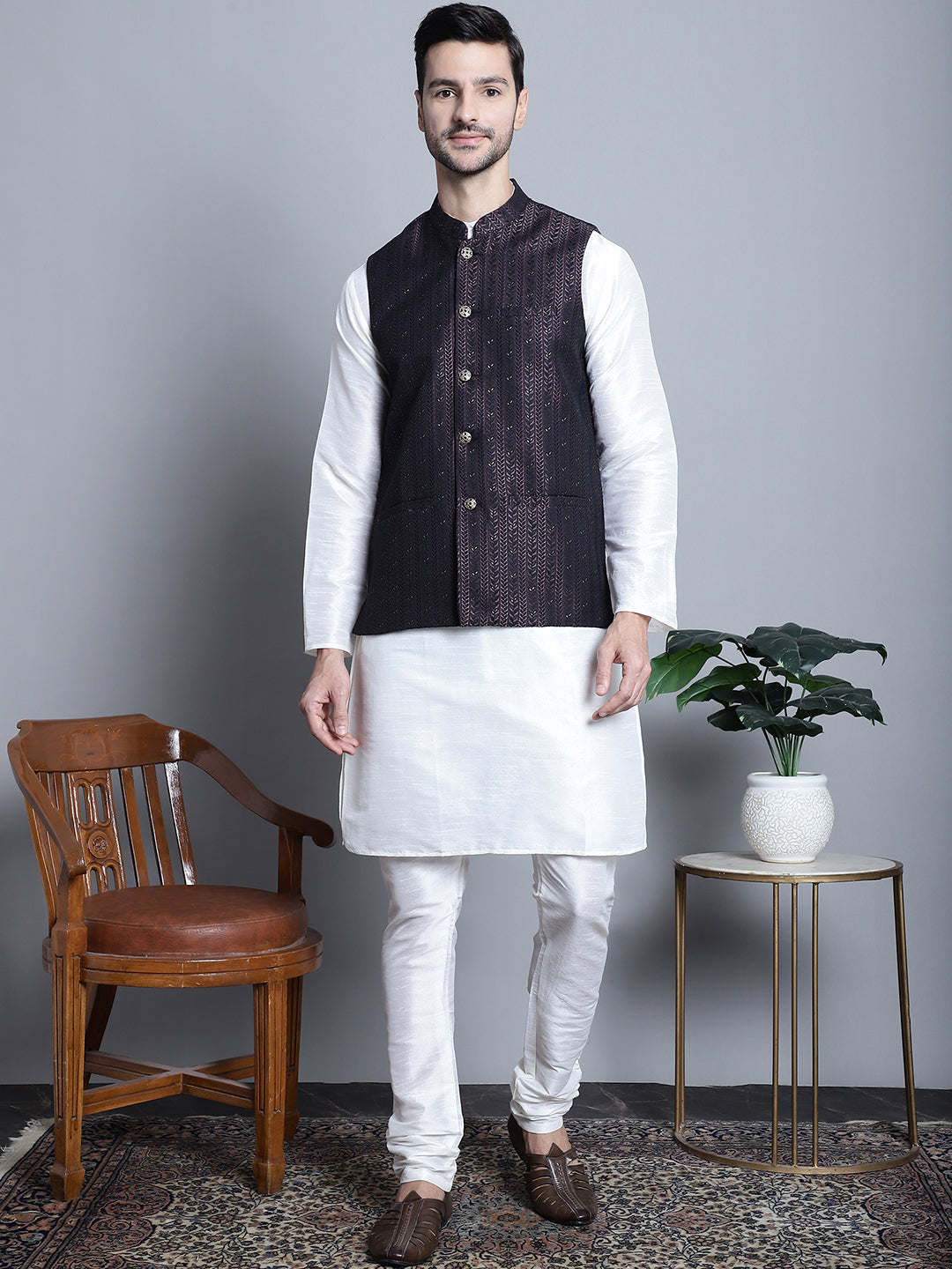 Jompers Men's Woven Design Nehru Jacket With Kurta Pyjama Set - Purple | Grocsy