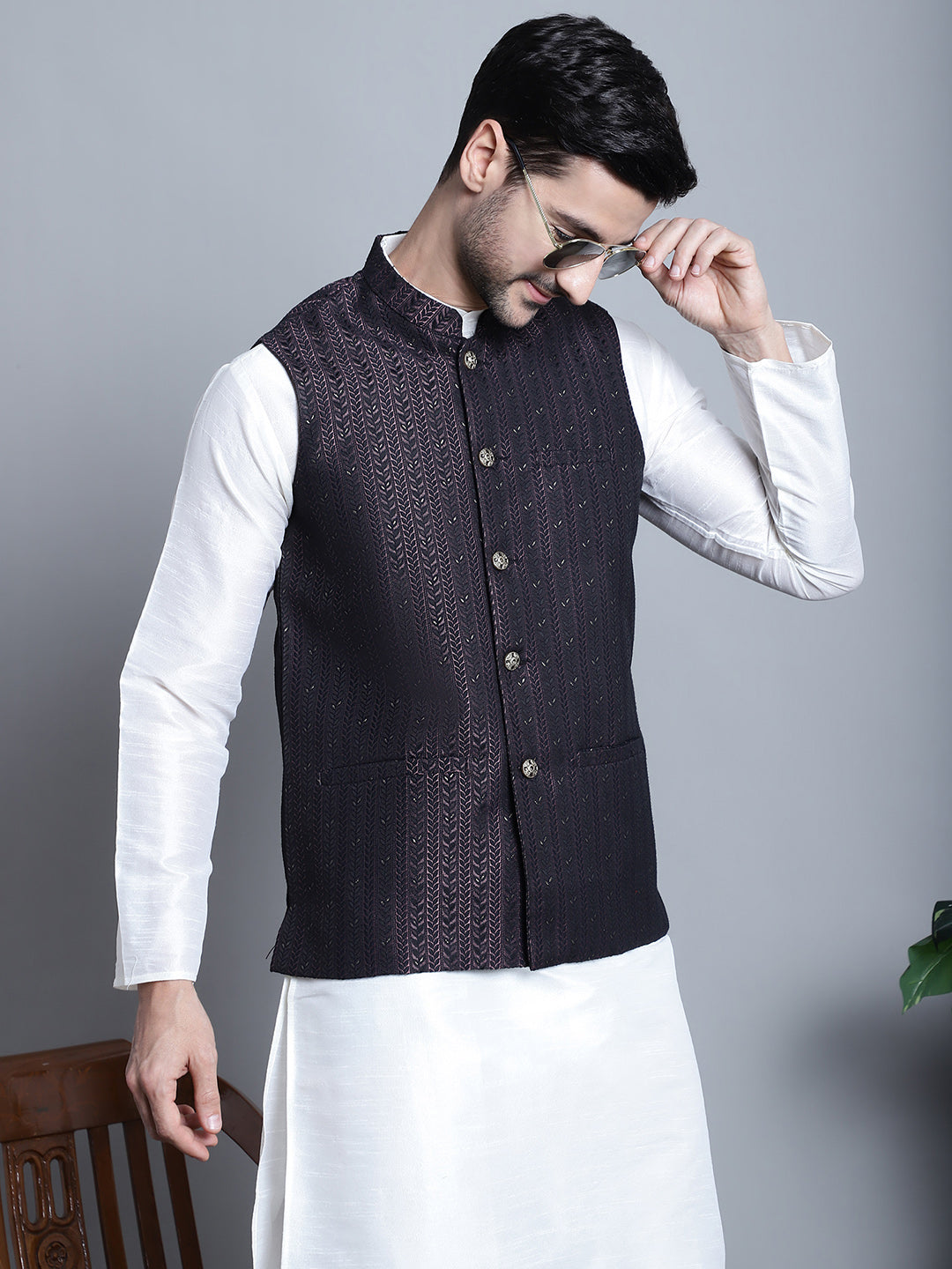 Jompers Men's Woven Design Nehru Jacket With Kurta Pyjama Set - Purple | Grocsy
