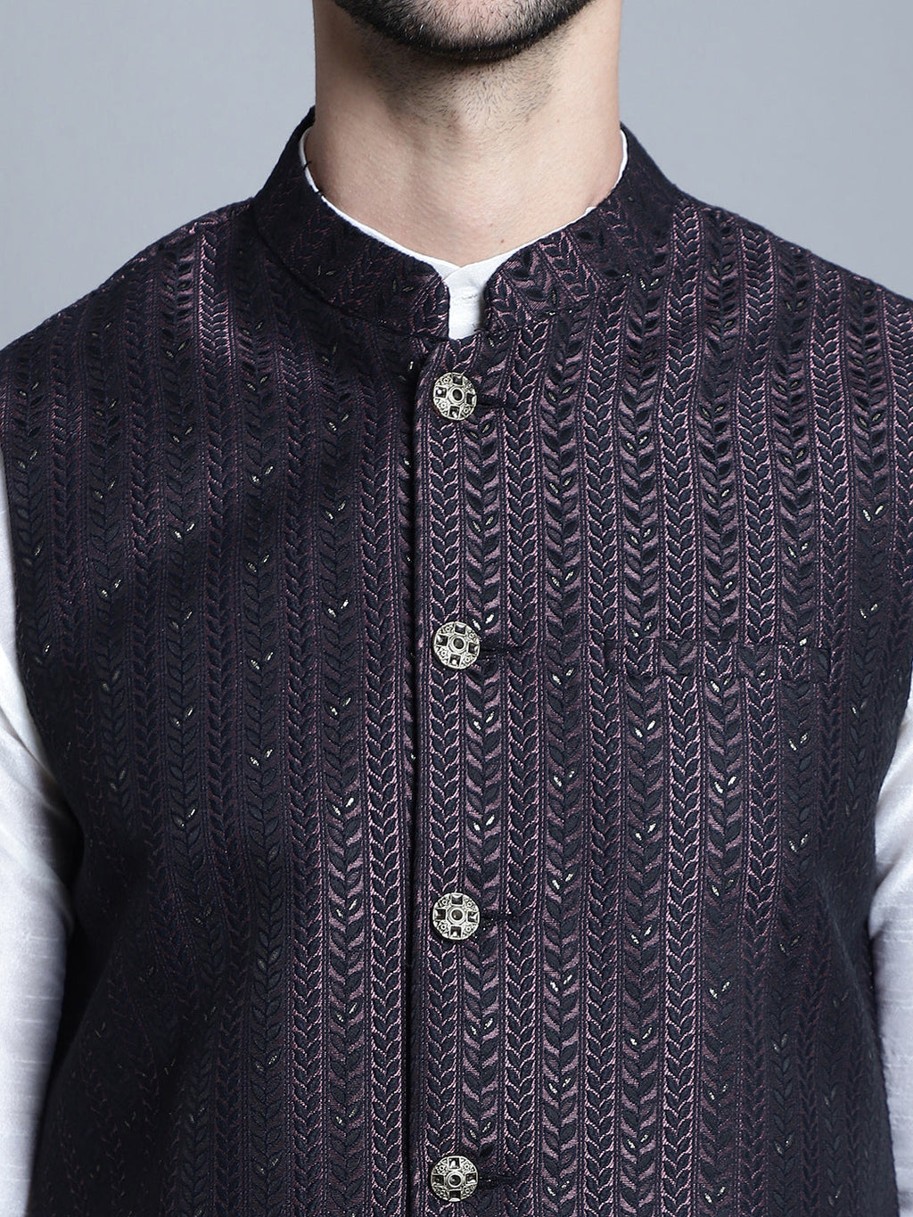Jompers Men's Woven Design Nehru Jacket With Kurta Pyjama Set - Purple | Grocsy